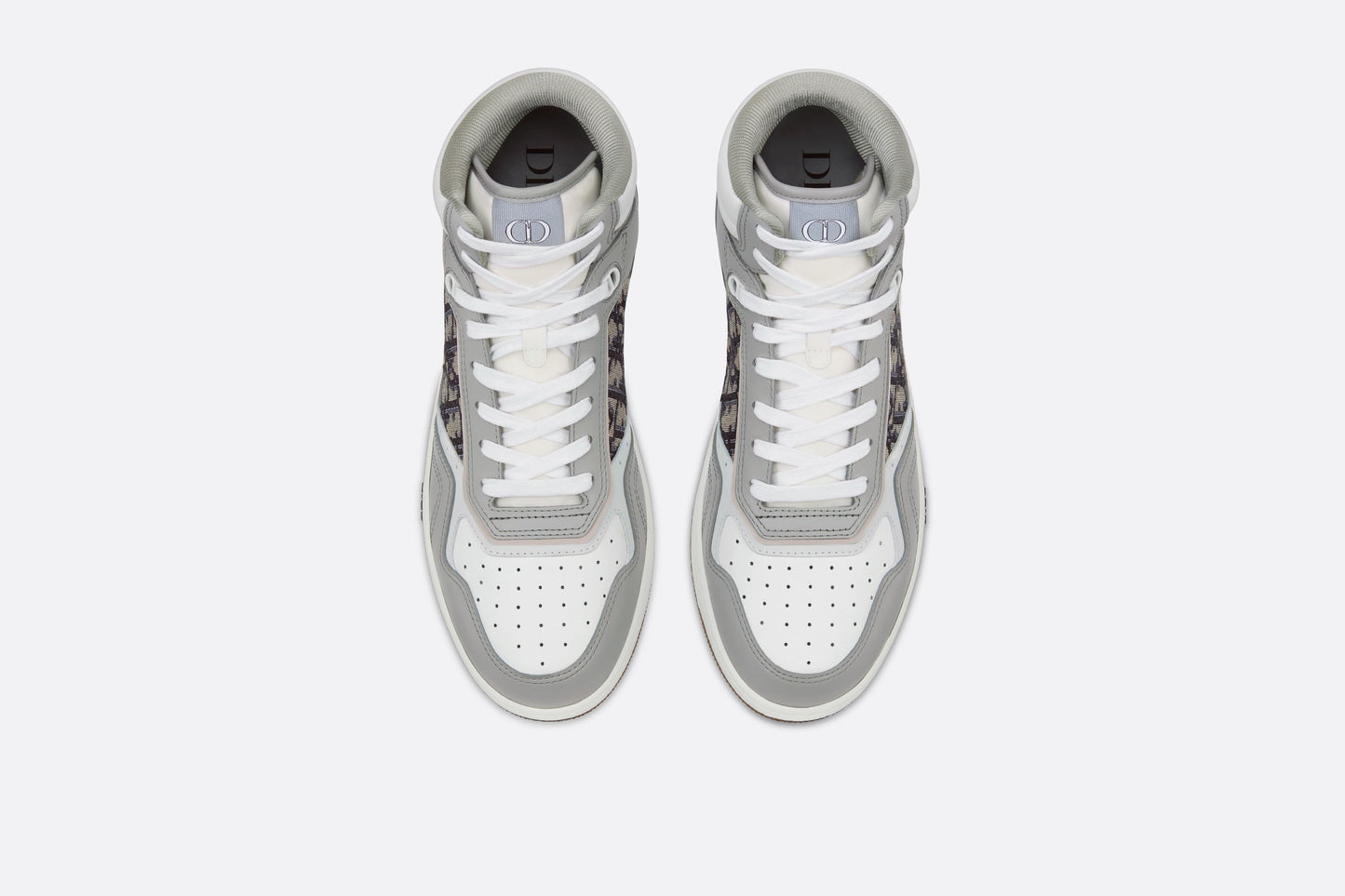 B27 High-Top Sneaker • Gray and White Smooth Calfskin with Beige and Black Dior Oblique Jacquard