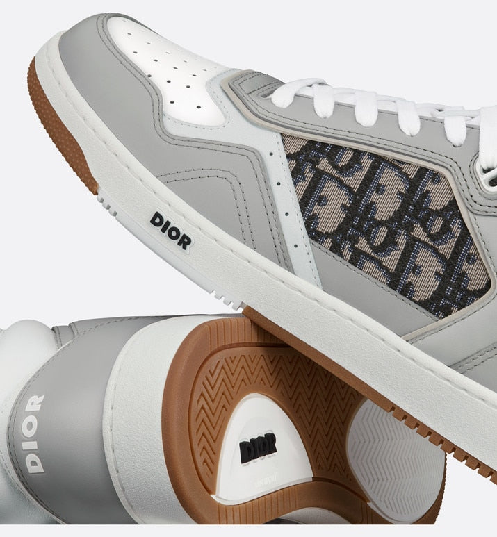 B27 High-Top Sneaker • Gray and White Smooth Calfskin with Beige and Black Dior Oblique Jacquard