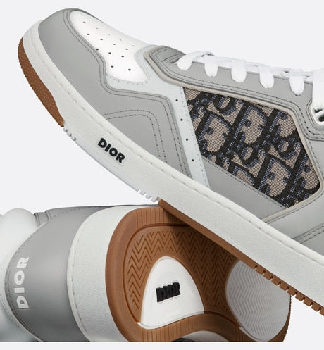 B27 High-Top Sneaker • Gray and White Smooth Calfskin with Beige and Black Dior Oblique Jacquard
