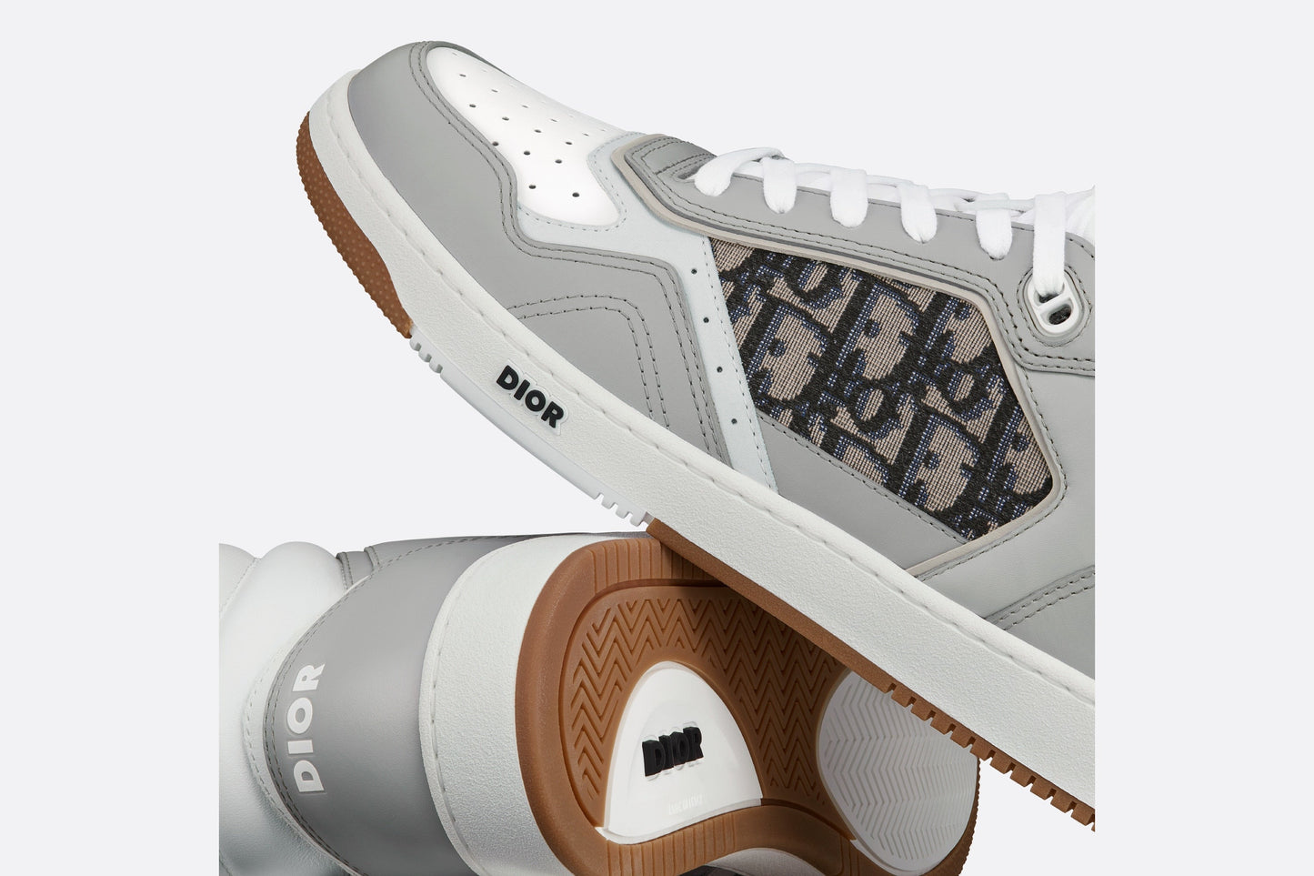 B27 High-Top Sneaker • Gray and White Smooth Calfskin with Beige and Black Dior Oblique Jacquard