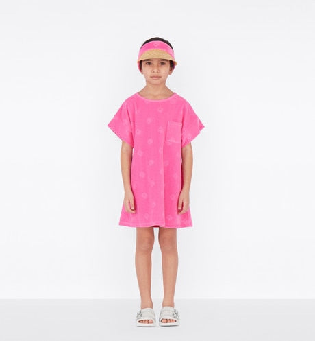 Kid's A-Line Dress • Fuchsia Pink Velvet Jersey Jacquard with 'CD' Motif