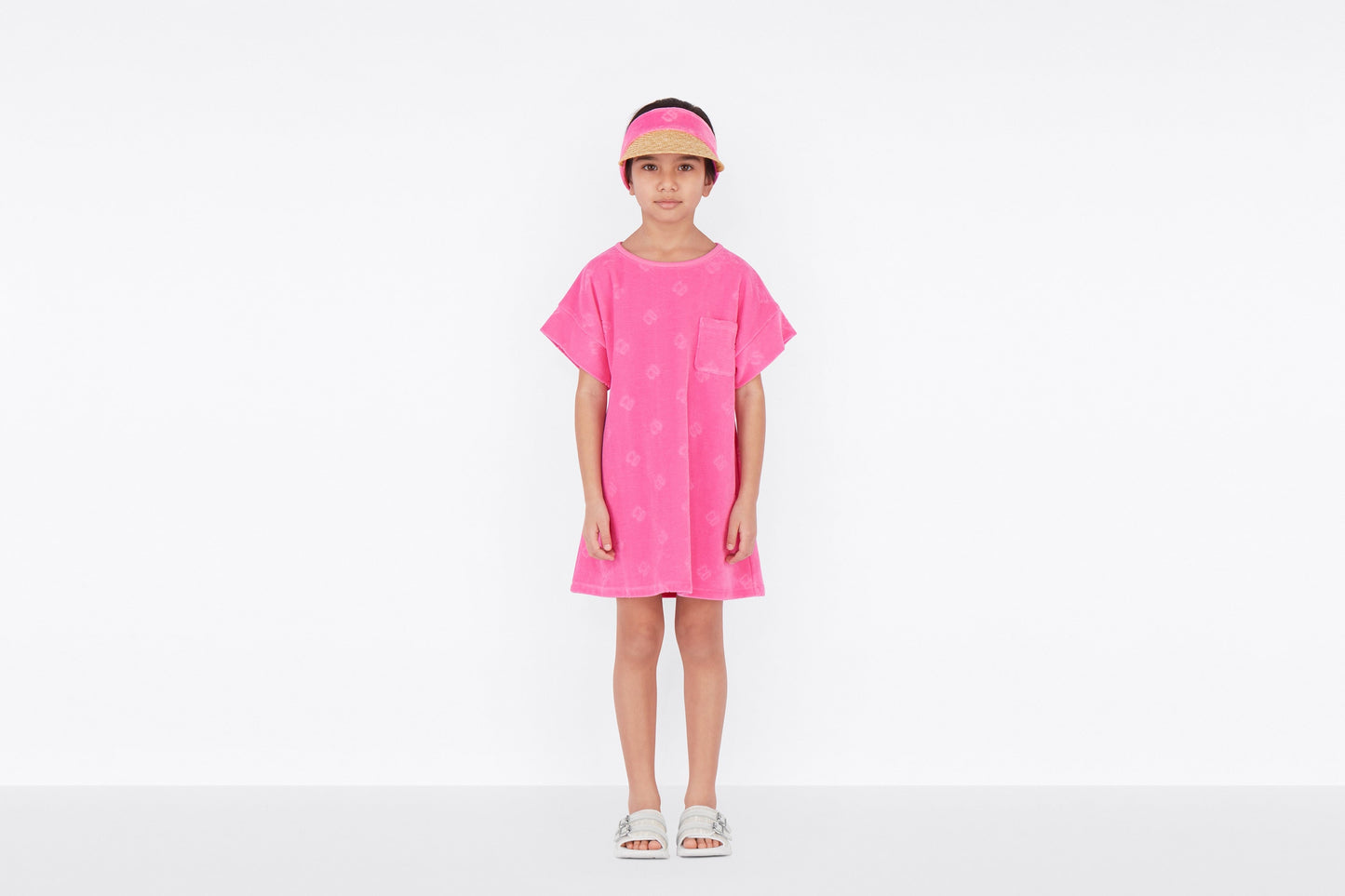Kid's A-Line Dress • Fuchsia Pink Velvet Jersey Jacquard with 'CD' Motif