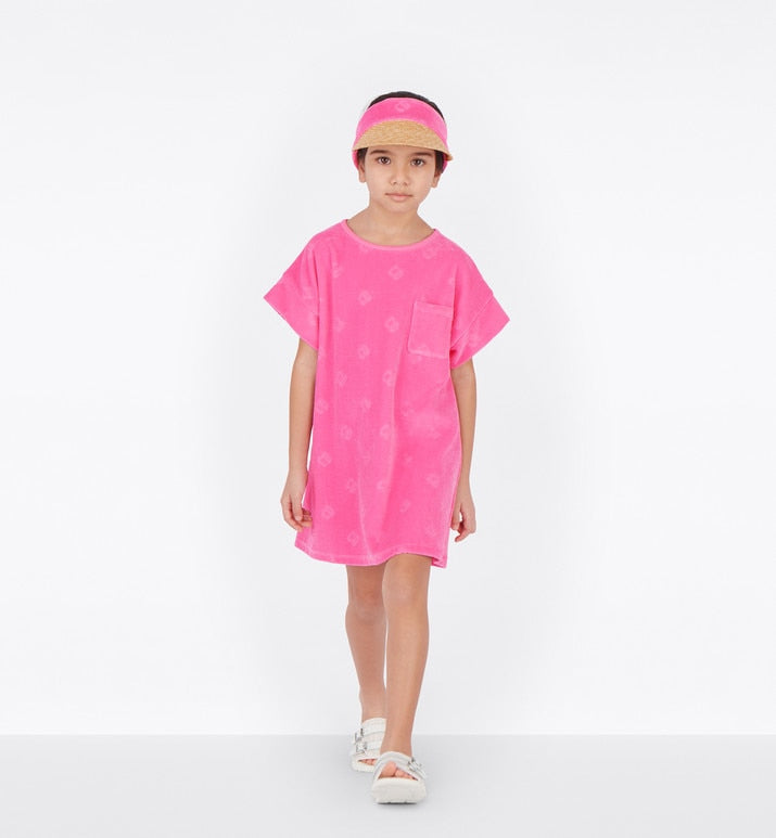 Kid's A-Line Dress • Fuchsia Pink Velvet Jersey Jacquard with 'CD' Motif