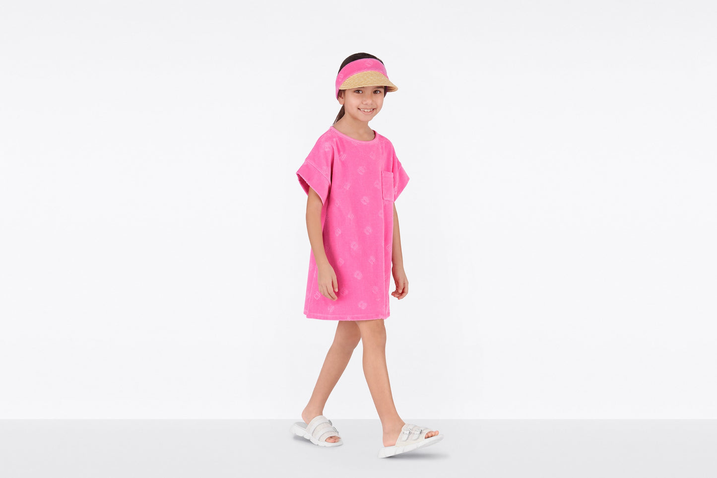 Kid's A-Line Dress • Fuchsia Pink Velvet Jersey Jacquard with 'CD' Motif