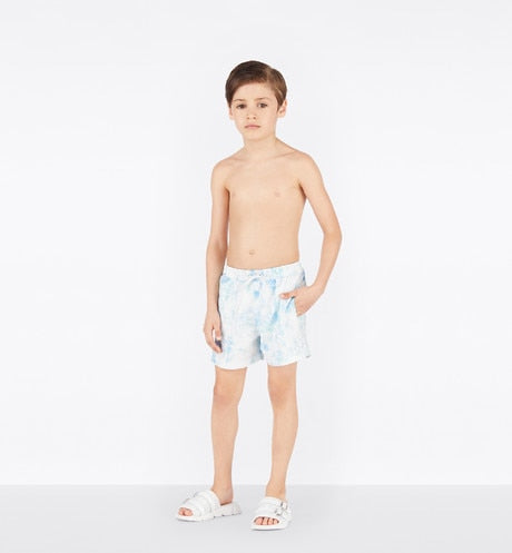 Kid's Swim Shorts • Green and Blue Cannage Technical Canvas with Tie-Dye Print