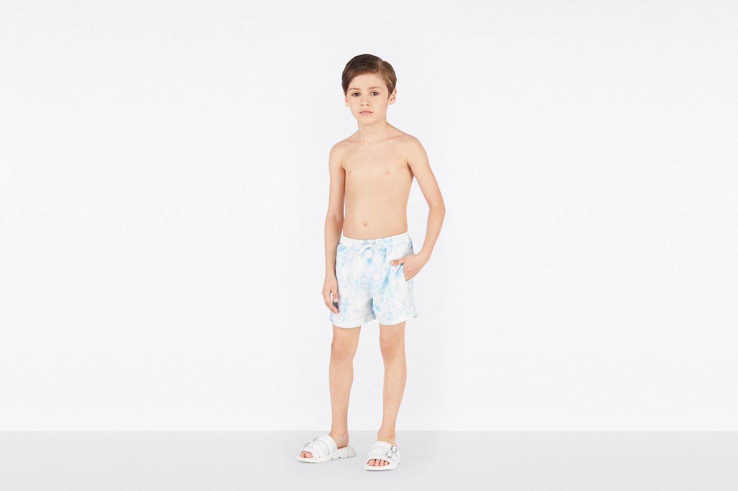 Kid's Swim Shorts • Green and Blue Cannage Technical Canvas with Tie-Dye Print
