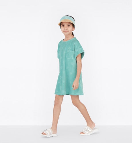 Kid's A-Line Dress • Turquoise Velvet Jersey Jacquard with 'CD' Motif
