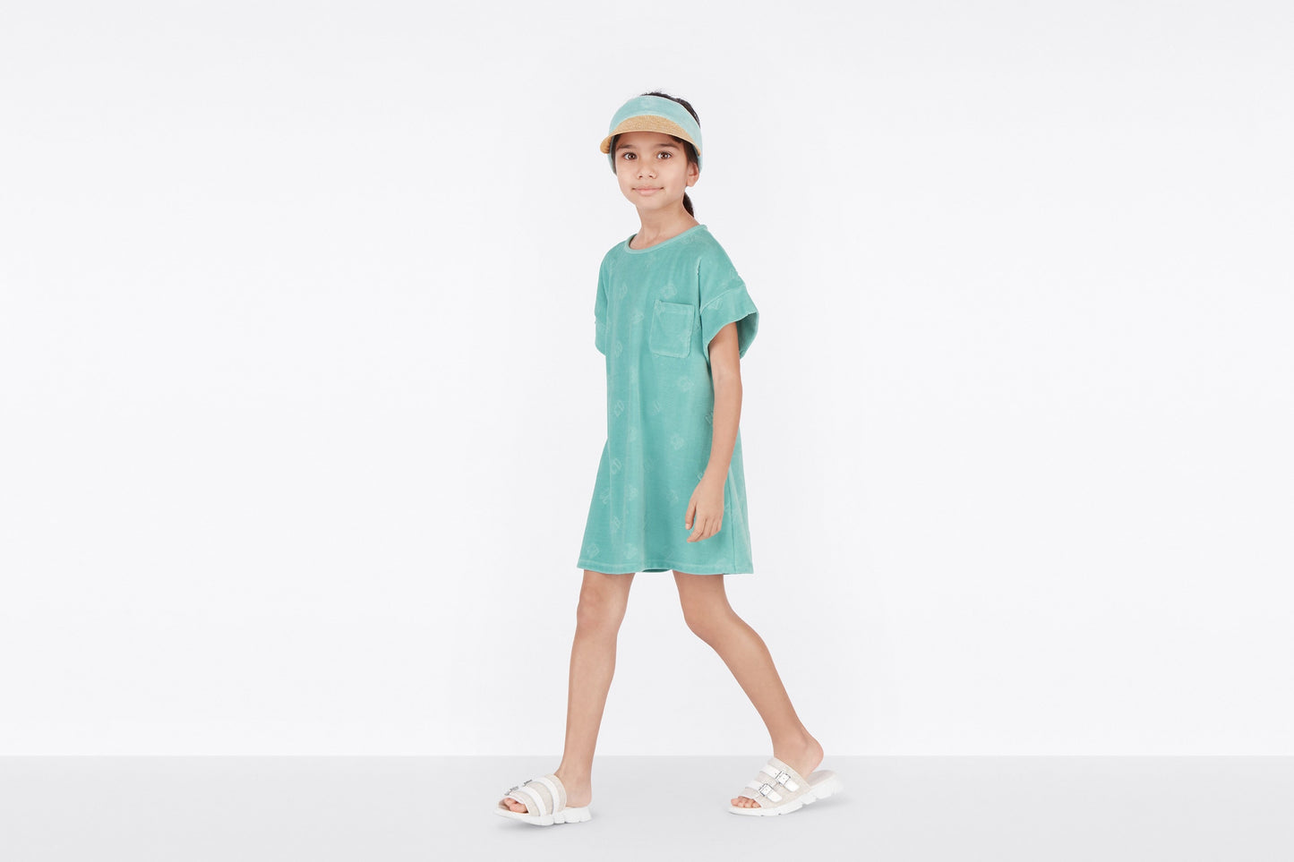 Kid's A-Line Dress • Turquoise Velvet Jersey Jacquard with 'CD' Motif