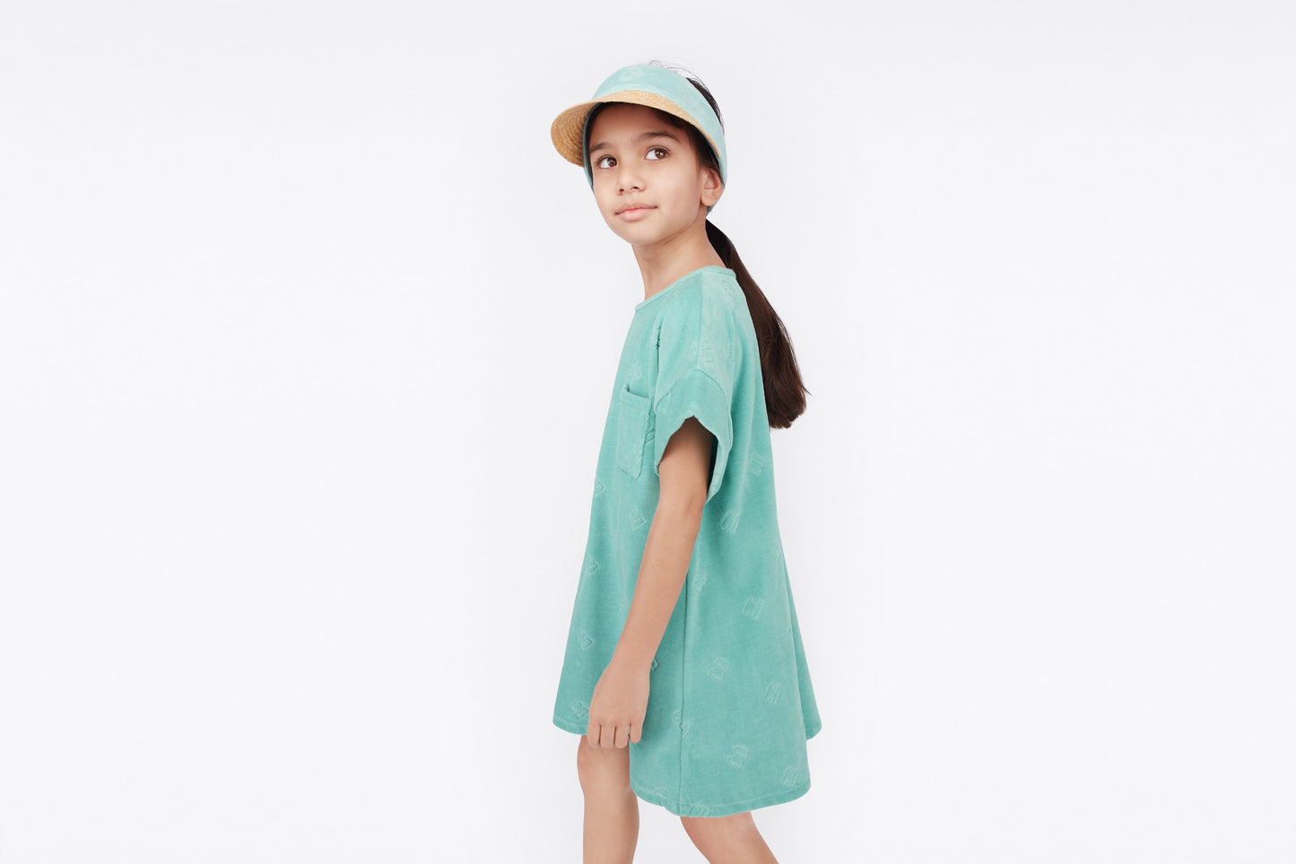 Kid's A-Line Dress • Turquoise Velvet Jersey Jacquard with 'CD' Motif