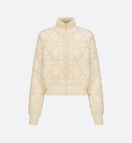 Macrocannage Zipped Cardigan • White Technical Wool and Cashmere Knit