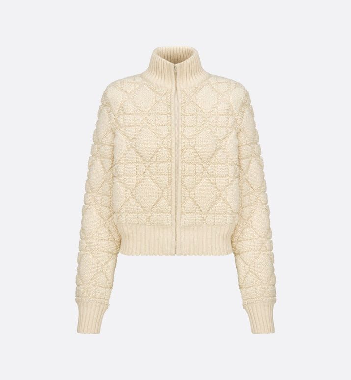 Macrocannage Zipped Cardigan • White Technical Wool and Cashmere Knit