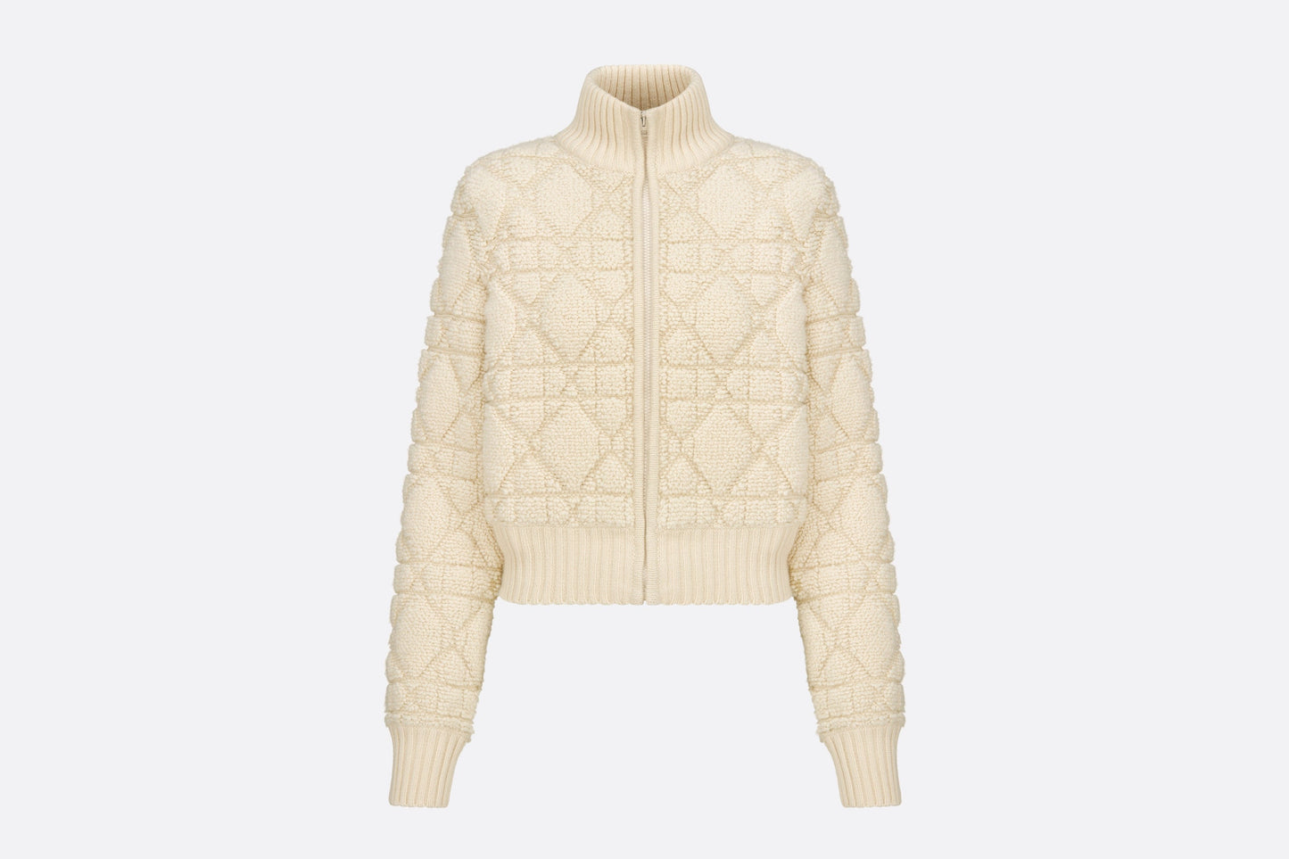 Macrocannage Zipped Cardigan • White Technical Wool and Cashmere Knit