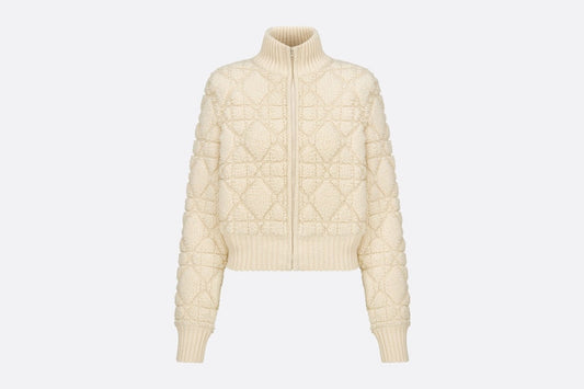 Macrocannage Zipped Cardigan • White Technical Wool and Cashmere Knit