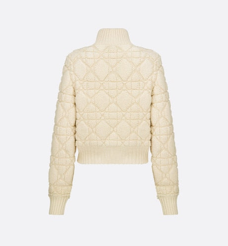 Macrocannage Zipped Cardigan • White Technical Wool and Cashmere Knit
