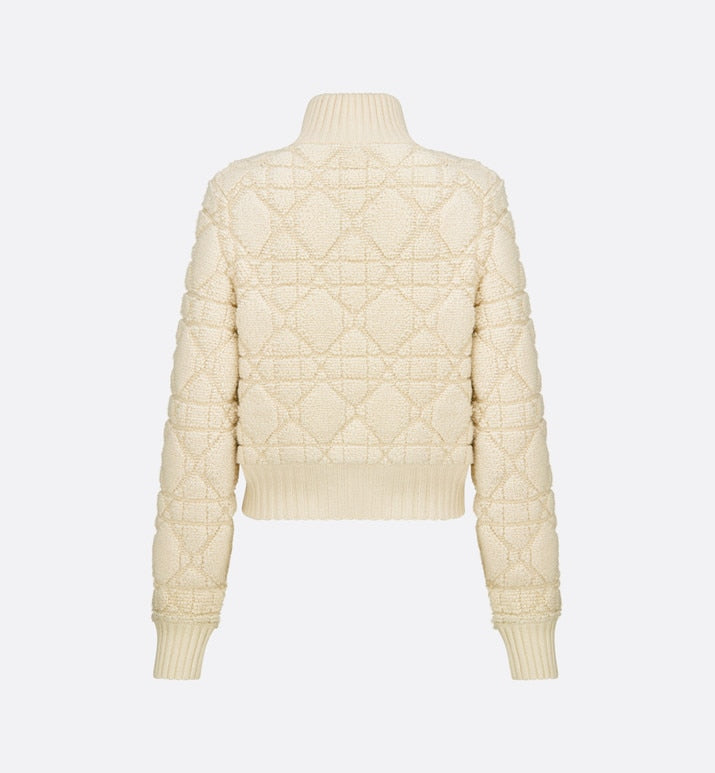 Macrocannage Zipped Cardigan • White Technical Wool and Cashmere Knit