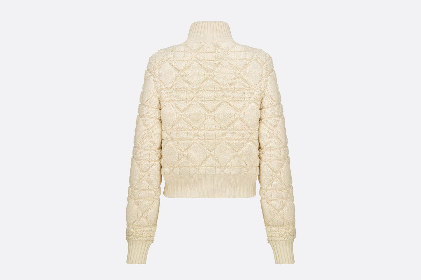 Macrocannage Zipped Cardigan • White Technical Wool and Cashmere Knit