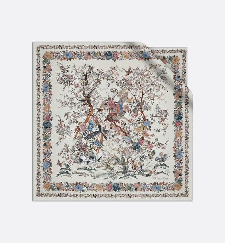 Dior Jardin d'Hiver 90 Square Scarf • White Multicolor Silk Twill