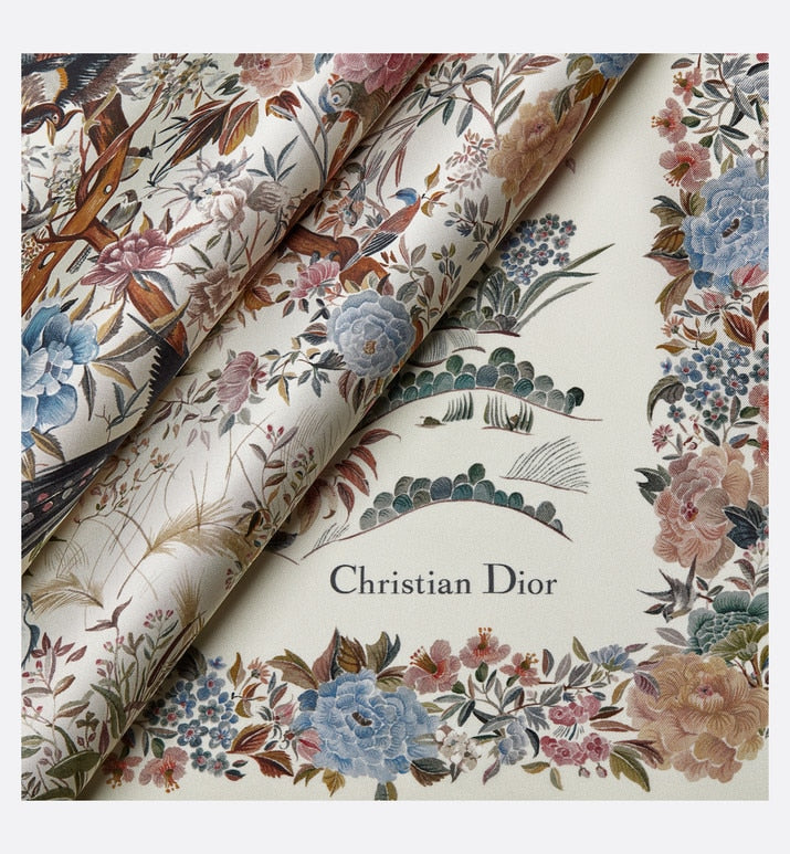 Dior Jardin d'Hiver 90 Square Scarf • White Multicolor Silk Twill