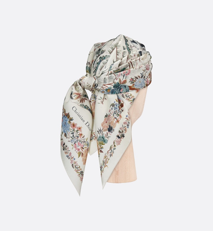 Dior Jardin d'Hiver 90 Square Scarf • White Multicolor Silk Twill