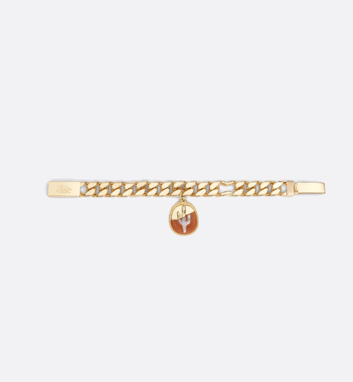 CACTUS JACK DIOR Chain Link Bracelet • Gold-Finish Brass with Orange Aventurine and White Mother-of-Pearl