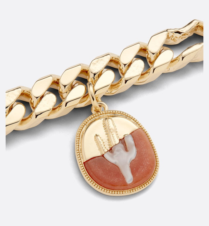 CACTUS JACK DIOR Chain Link Bracelet • Gold-Finish Brass with Orange Aventurine and White Mother-of-Pearl