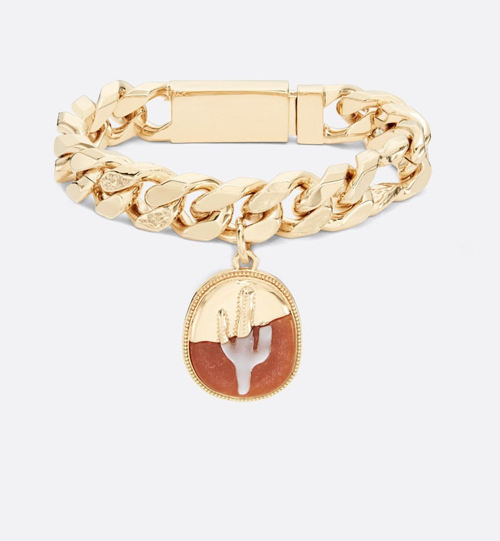 CACTUS JACK DIOR Chain Link Bracelet • Gold-Finish Brass with Orange Aventurine and White Mother-of-Pearl