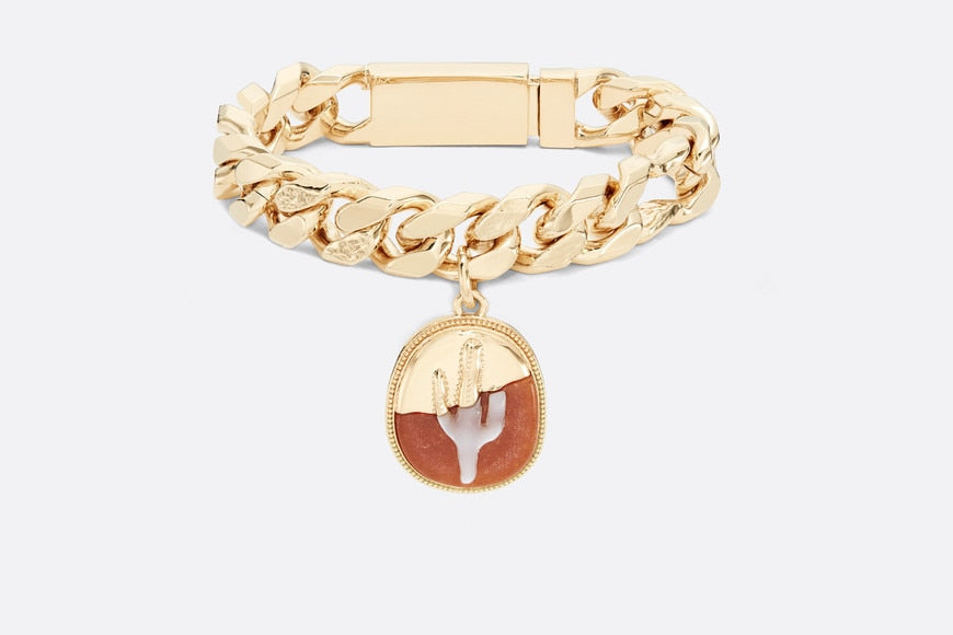 CACTUS JACK DIOR Chain Link Bracelet • Gold-Finish Brass with Orange Aventurine and White Mother-of-Pearl