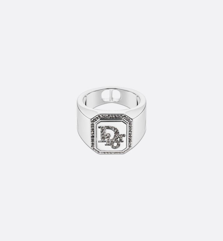Dior Oblique Signet Ring • Silver-Finish Brass with Gray Crystals