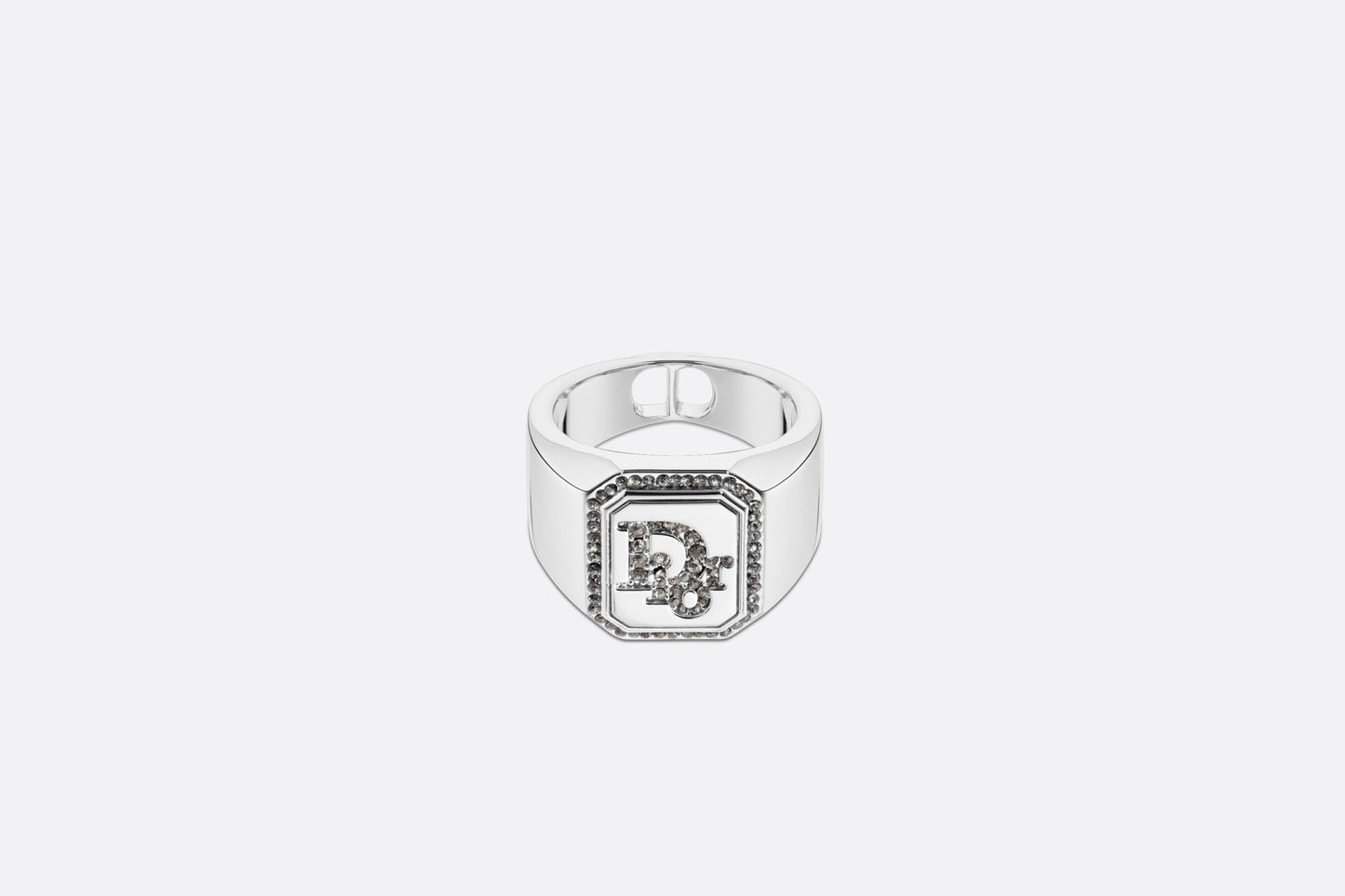Dior Oblique Signet Ring • Silver-Finish Brass with Gray Crystals