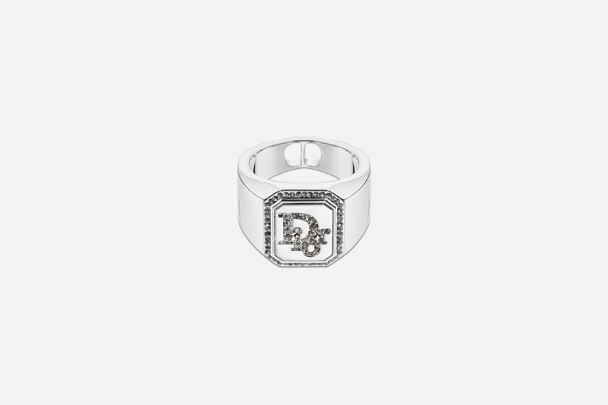 Dior Oblique Signet Ring • Silver-Finish Brass with Gray Crystals