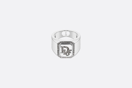 Dior Oblique Signet Ring • Silver-Finish Brass with Gray Crystals