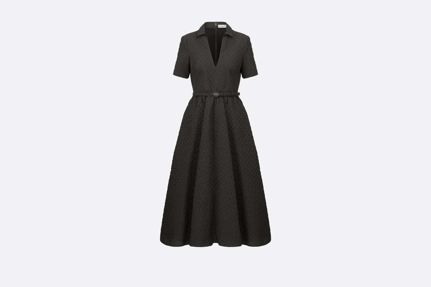 Mid-Length Belted Dress • Black Matte Cloqué Technical Fabric