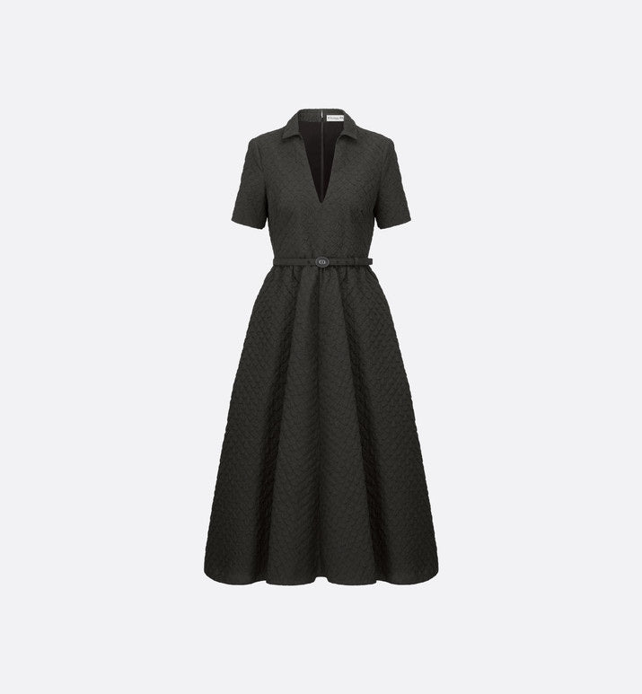 Mid-Length Belted Dress • Black Matte Cloqué Technical Fabric