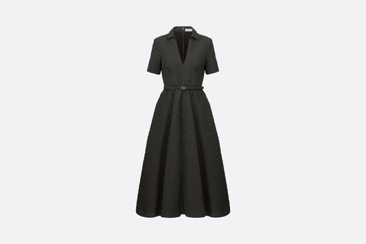 Mid-Length Belted Dress • Black Matte Cloqué Technical Fabric