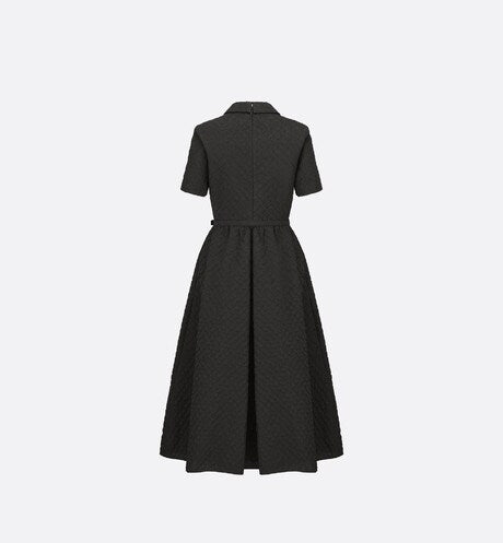 Mid-Length Belted Dress • Black Matte Cloqué Technical Fabric