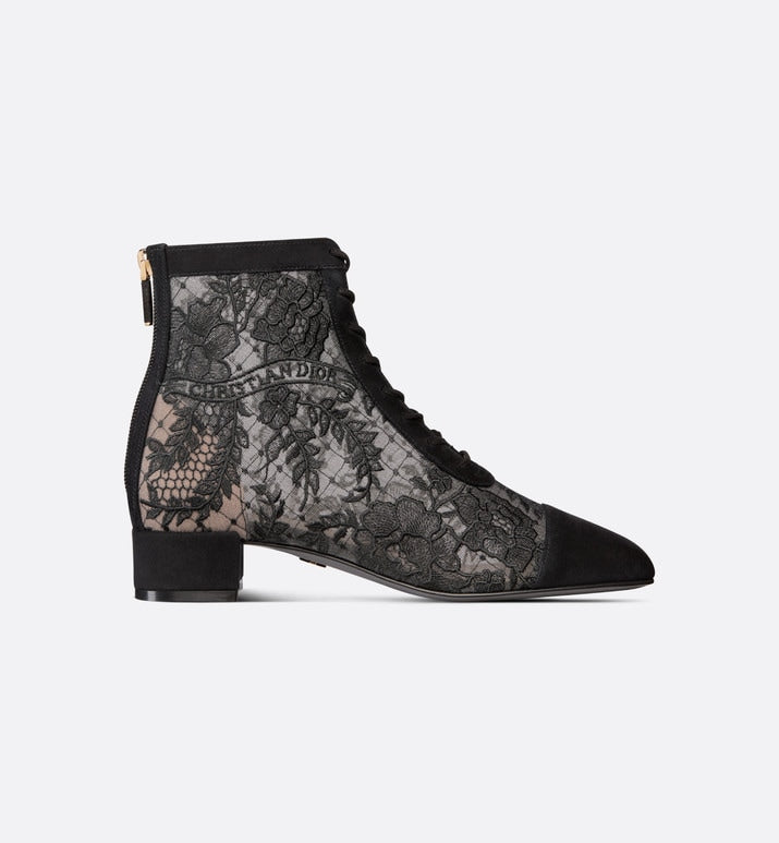 Naughtily-D Ankle Boot • Black Transparent Mesh and Suede Embroidered with Dior Roses Motif