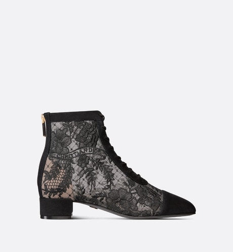 Naughtily-D Ankle Boot • Black Transparent Mesh and Suede Embroidered with Dior Roses Motif