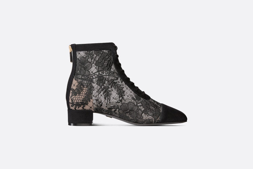 Naughtily-D Ankle Boot • Black Transparent Mesh and Suede Embroidered with Dior Roses Motif