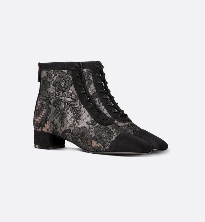 Naughtily-D Ankle Boot • Black Transparent Mesh and Suede Embroidered with Dior Roses Motif