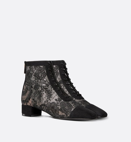 Naughtily-D Ankle Boot • Black Transparent Mesh and Suede Embroidered with Dior Roses Motif