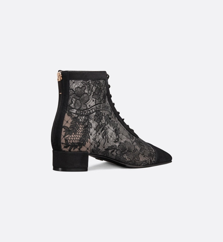 Naughtily-D Ankle Boot • Black Transparent Mesh and Suede Embroidered with Dior Roses Motif