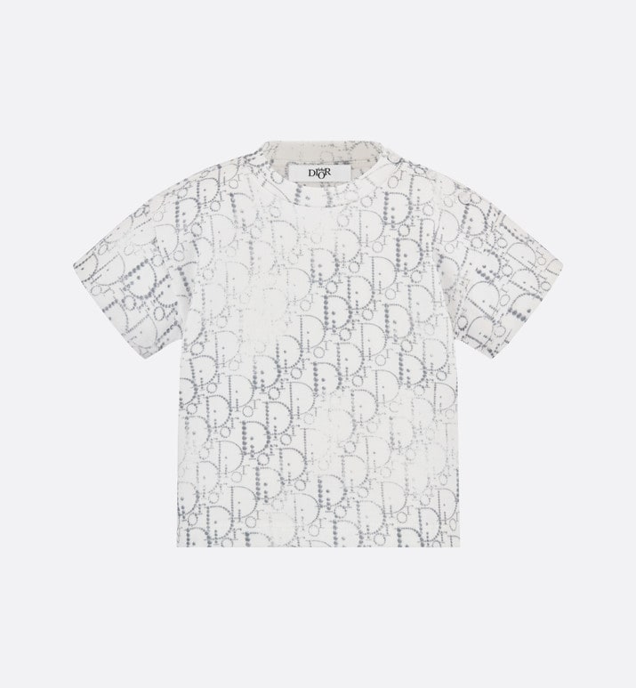 Baby T-Shirt • Ivory Cotton Jersey with Silver-Tone Dior Oblique Pearl Motif