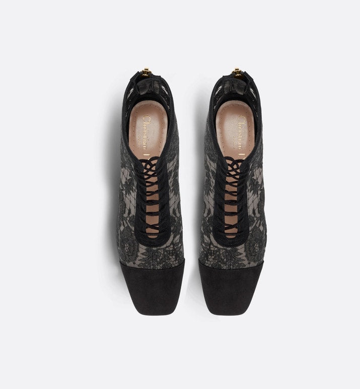 Naughtily-D Ankle Boot • Black Transparent Mesh and Suede Embroidered with Dior Roses Motif