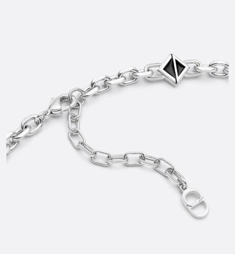 CD Diamond Thin Chain Link Necklace • Silver-Finish Brass and Black Resin