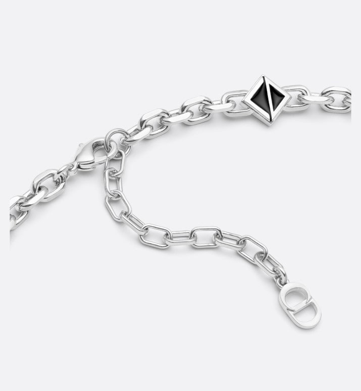 CD Diamond Thin Chain Link Necklace • Silver-Finish Brass and Black Resin