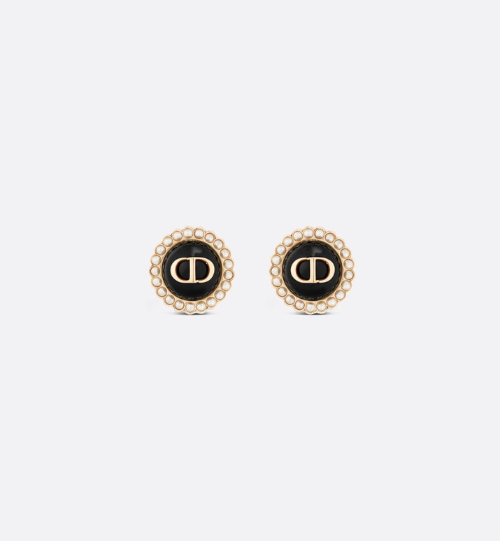 Petit CD Stud Earrings • Gold-Finish Metal and White Resin Pearls with Black Glass