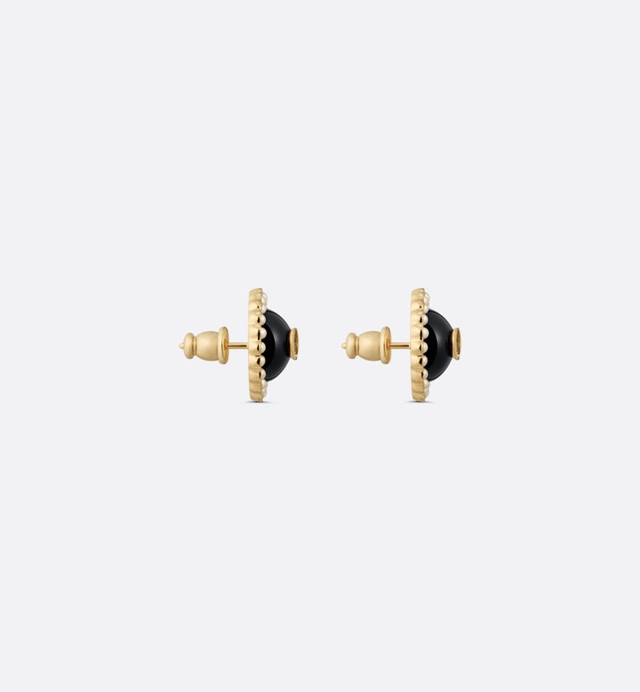 Petit CD Stud Earrings • Gold-Finish Metal and White Resin Pearls with Black Glass