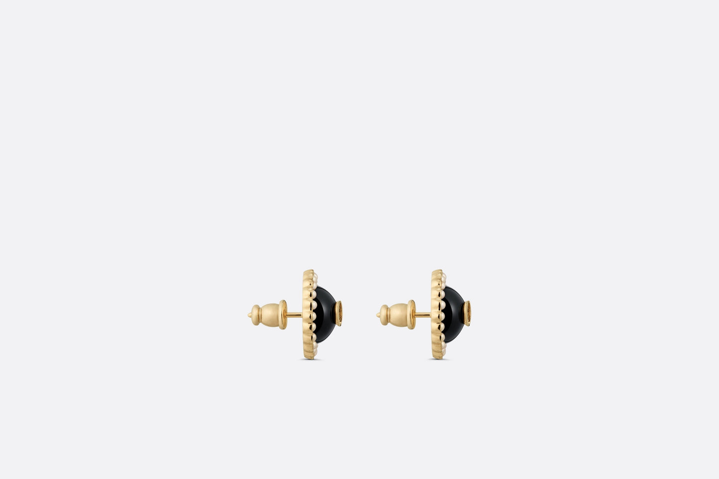 Petit CD Stud Earrings • Gold-Finish Metal and White Resin Pearls with Black Glass