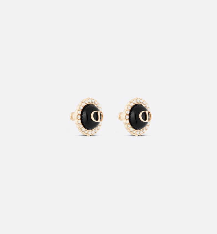 Petit CD Stud Earrings • Gold-Finish Metal and White Resin Pearls with Black Glass