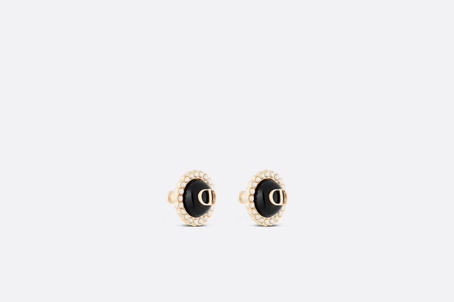 Petit CD Stud Earrings • Gold-Finish Metal and White Resin Pearls with Black Glass